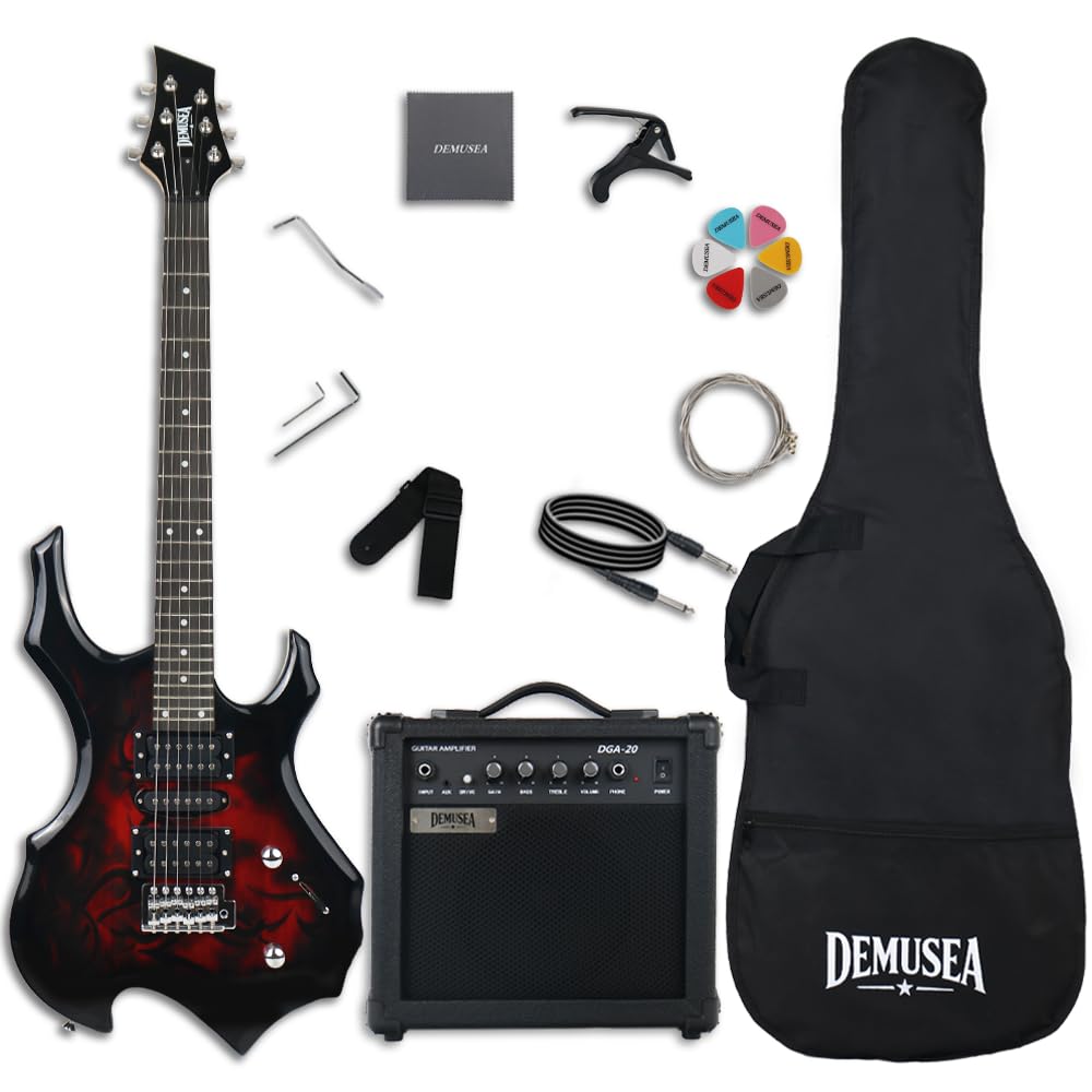 Black Red Flame Shape Full Size Solid Body Electric Guitar Kit with 20W Amp X960