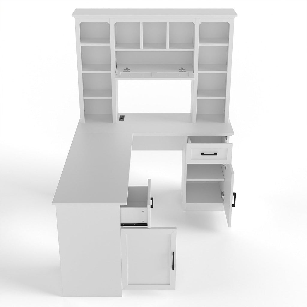 White L-Shaped Computer Desk with Hutch and Storage V562