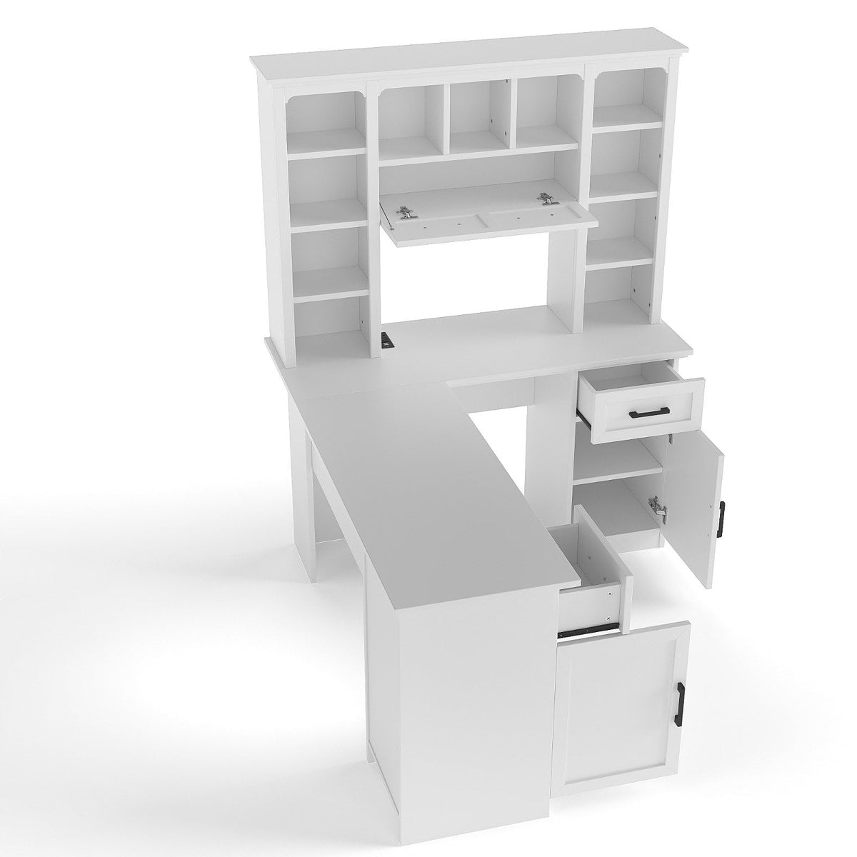 White L-Shaped Computer Desk with Hutch and Storage V562