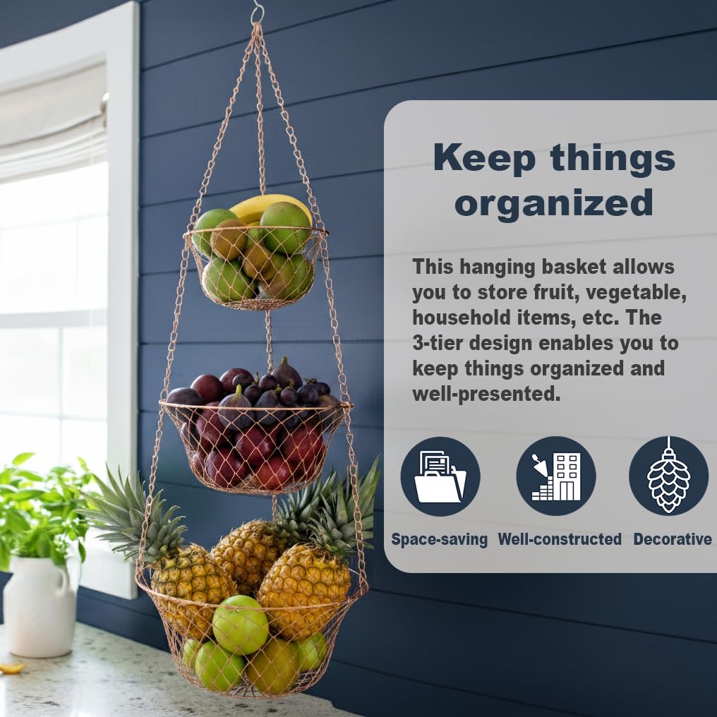 3 Tier Heavy Duty Wire Fruit and Vegetable Basket with Hooks N1179