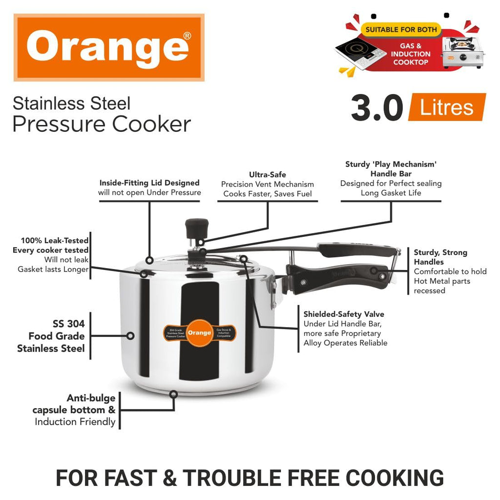 Orange Stainless Steel 3 Litre Pressure Cooker C475494