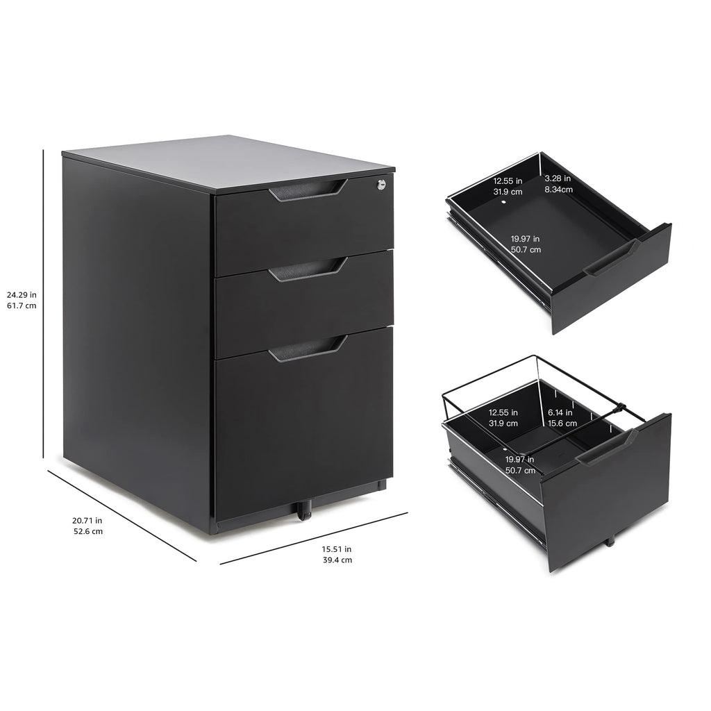 3-Drawer Black Mobile File Cabinet with Lock D387260