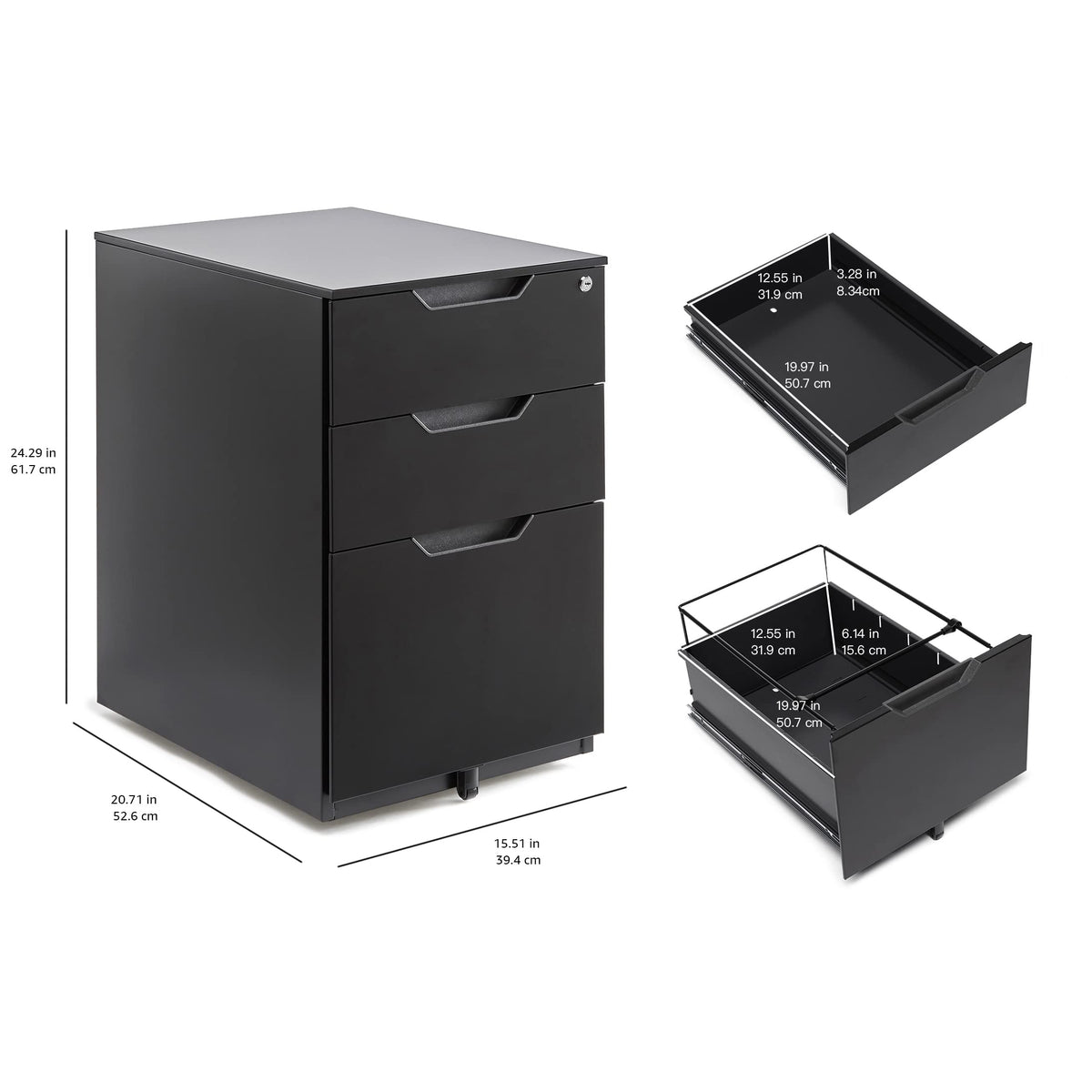 3-Drawer Black Mobile File Cabinet with Lock D387260