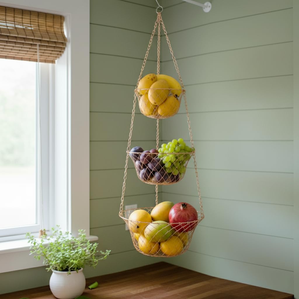 3 Tier Heavy Duty Wire Fruit and Vegetable Basket with Hooks N1179