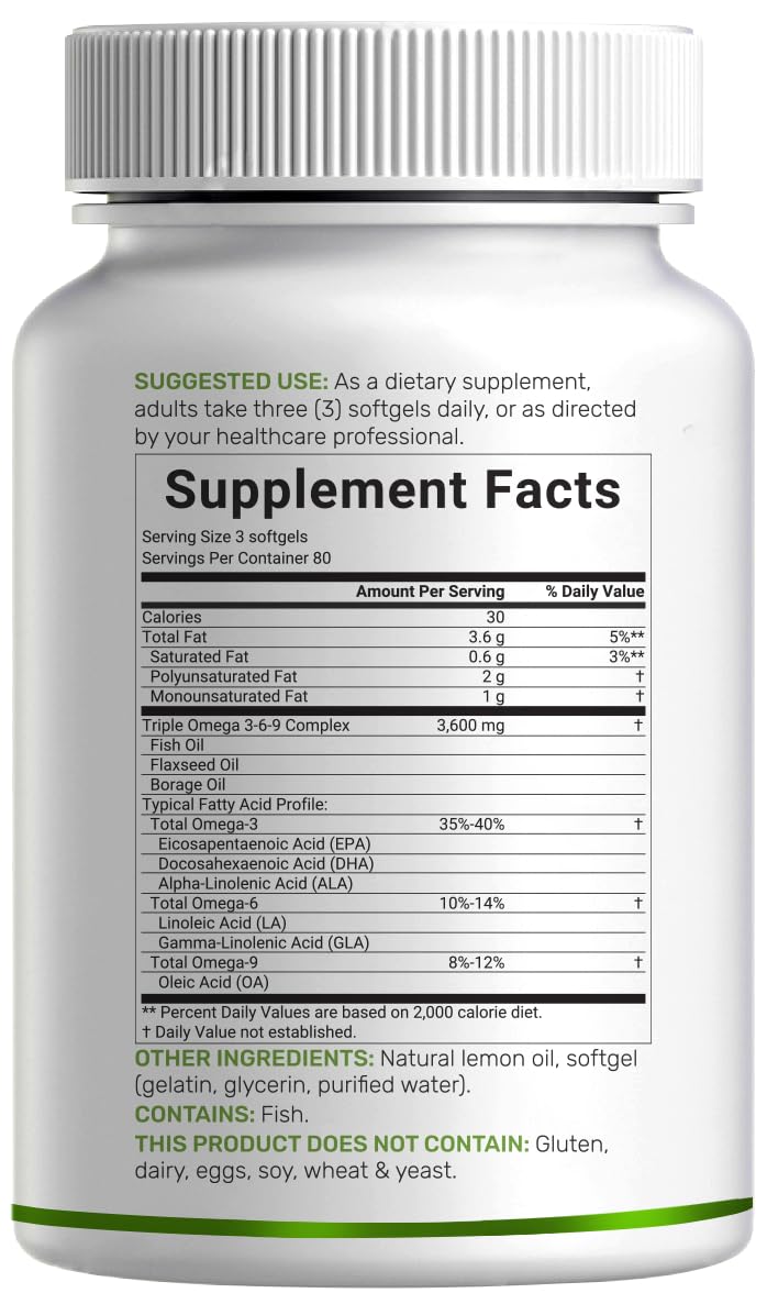 Omega 3-6-9 Fish Oil 3,600mg 240 Softgels Lemon Flavored A27255