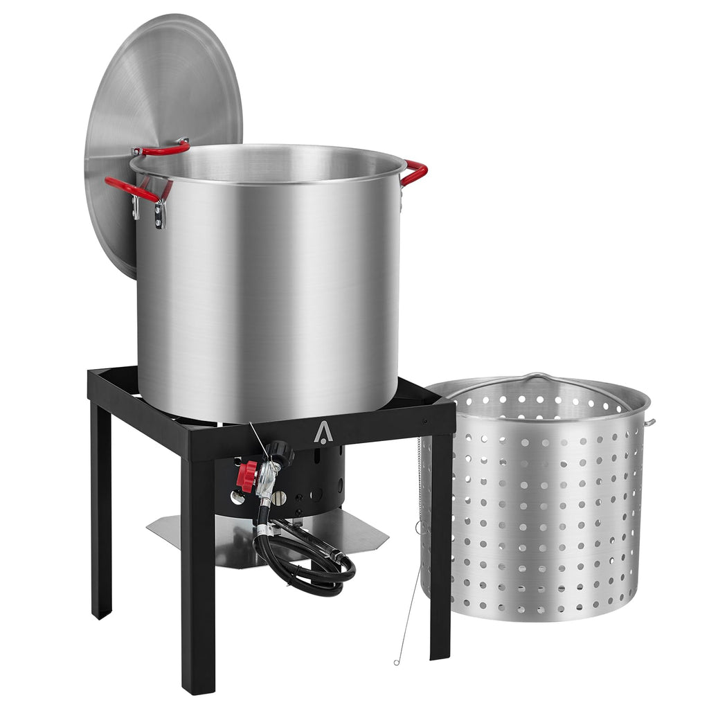100Qt Aluminum Seafood Boil Pot with Strainer Basket and Propane Stove Burner J8674