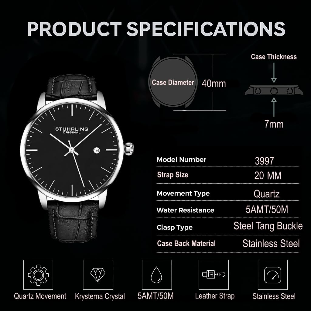 Men's 40mm Ultra Slim Leather Strap Quartz Analog Dress Watch L1571