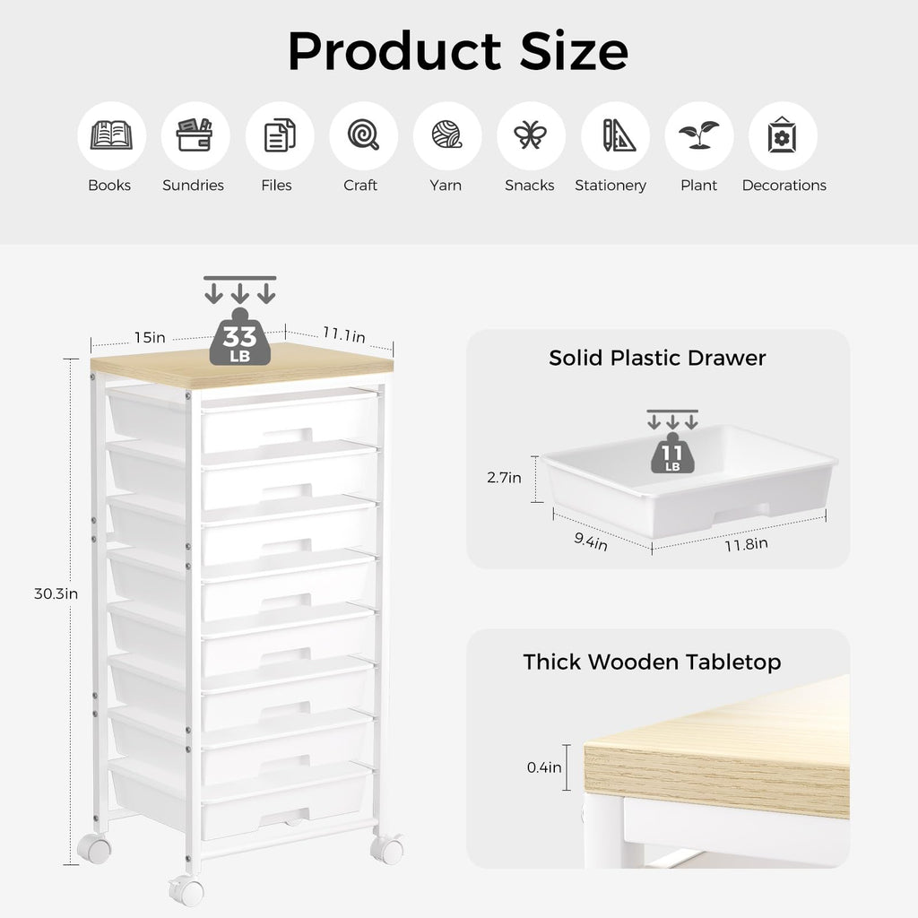 White 8 Drawer Rolling Storage Cart with Wooden Tabletop J977013