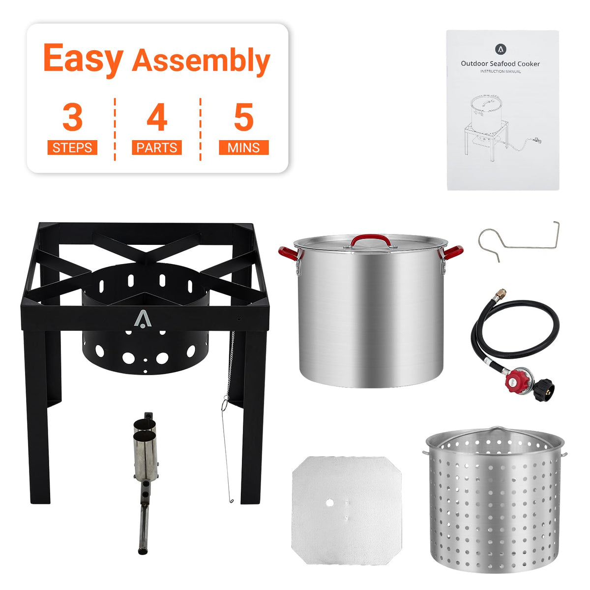 100Qt Aluminum Seafood Boil Pot with Strainer Basket and Propane Stove Burner J8674