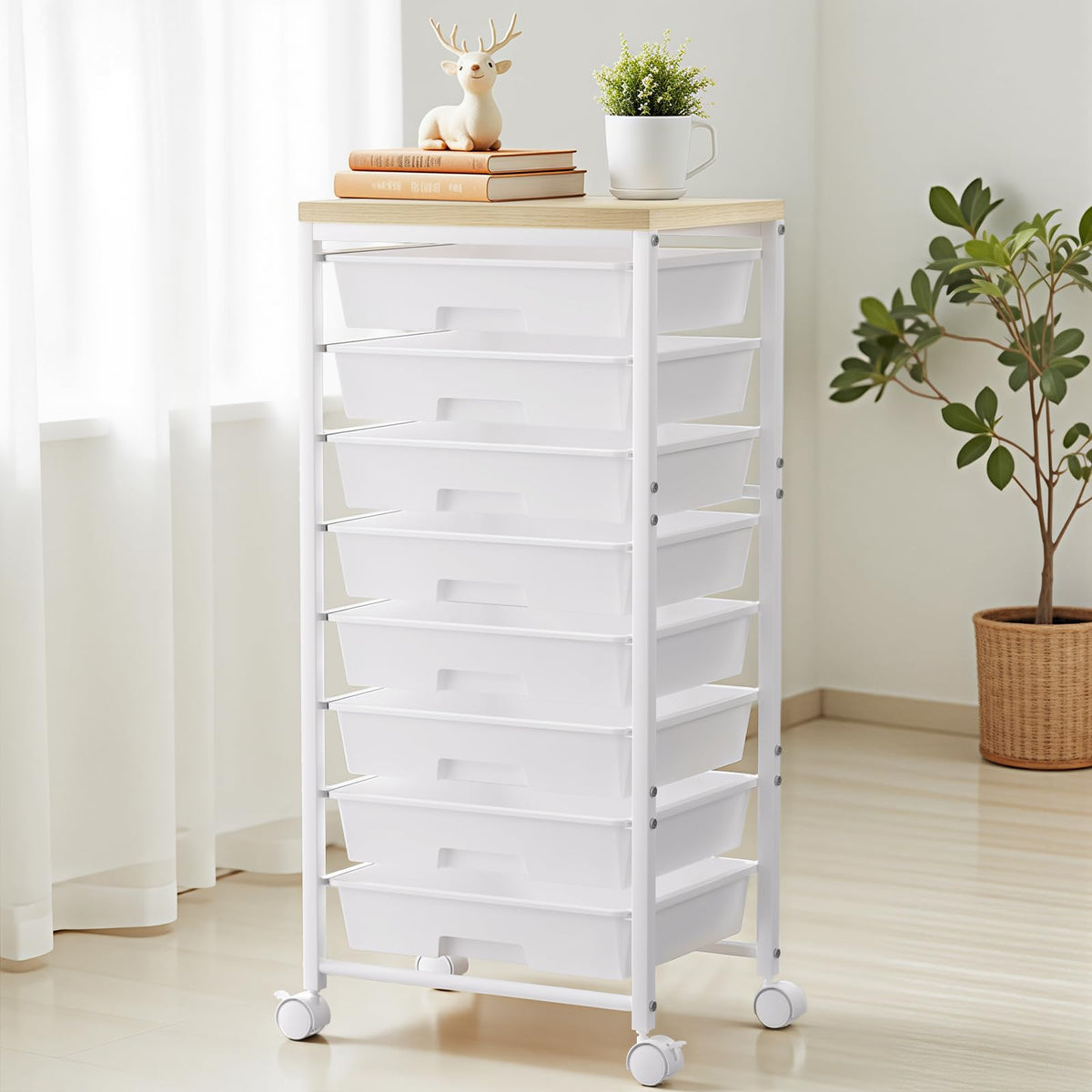 White 8 Drawer Rolling Storage Cart with Wooden Tabletop J977013