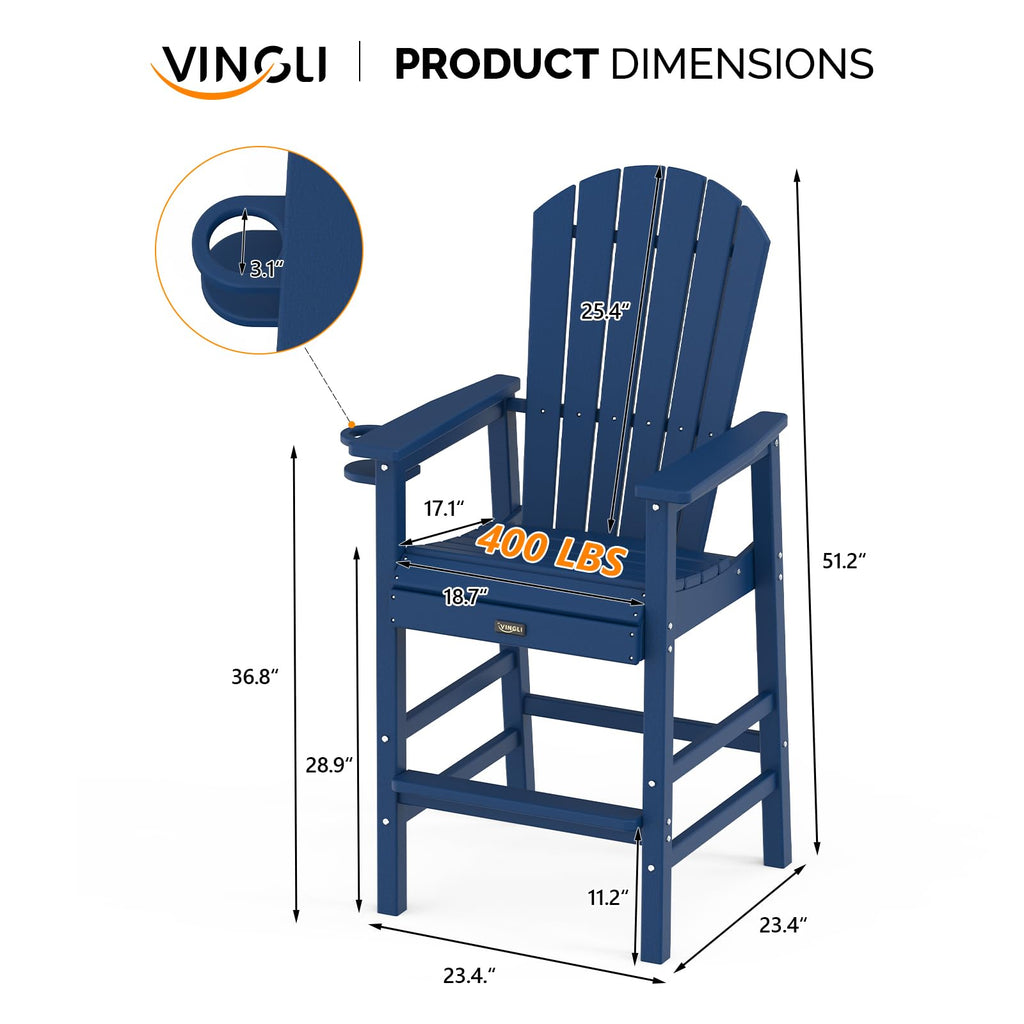 Tall Adirondack Chairs Set of 2, All-Weather Plastic with Cup Holders, Navy Blue H396