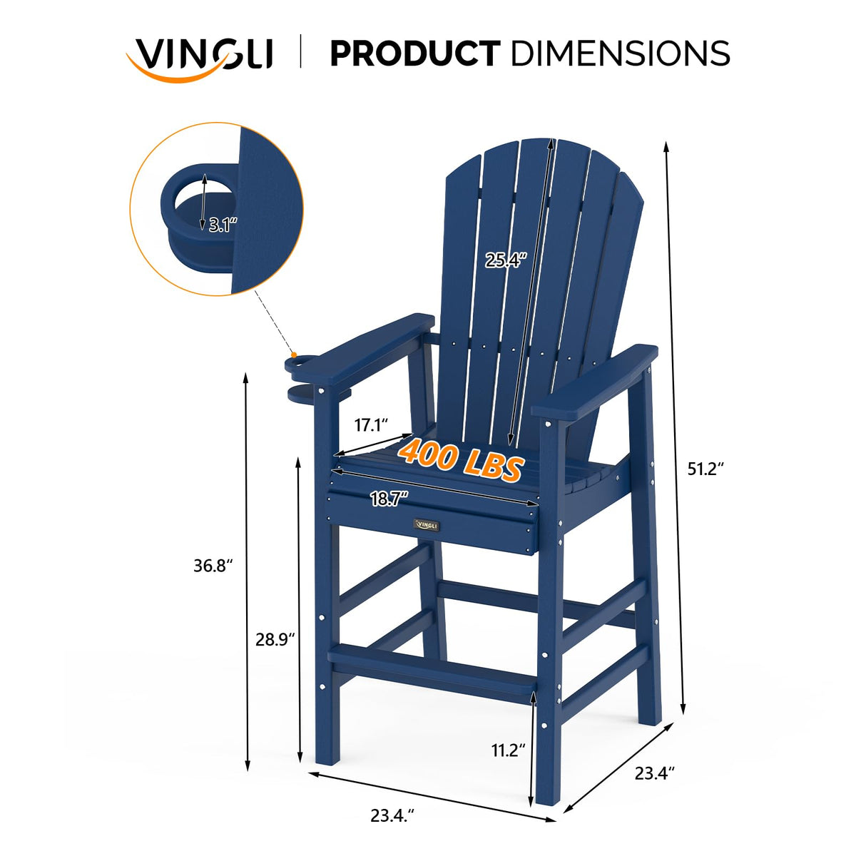Tall Adirondack Chairs Set of 2, All-Weather Plastic with Cup Holders, Navy Blue H396