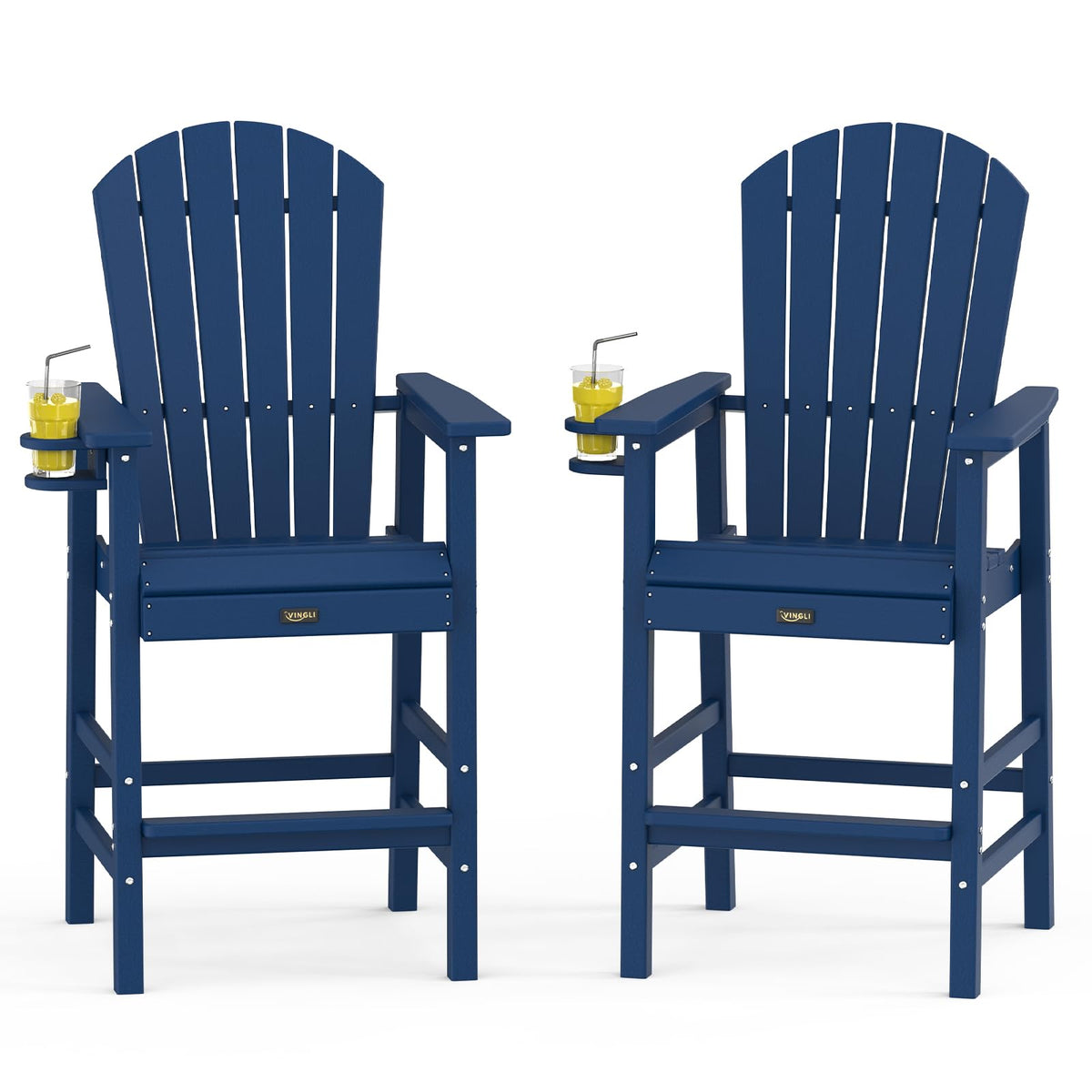 Tall Adirondack Chairs Set of 2, All-Weather Plastic with Cup Holders, Navy Blue H396