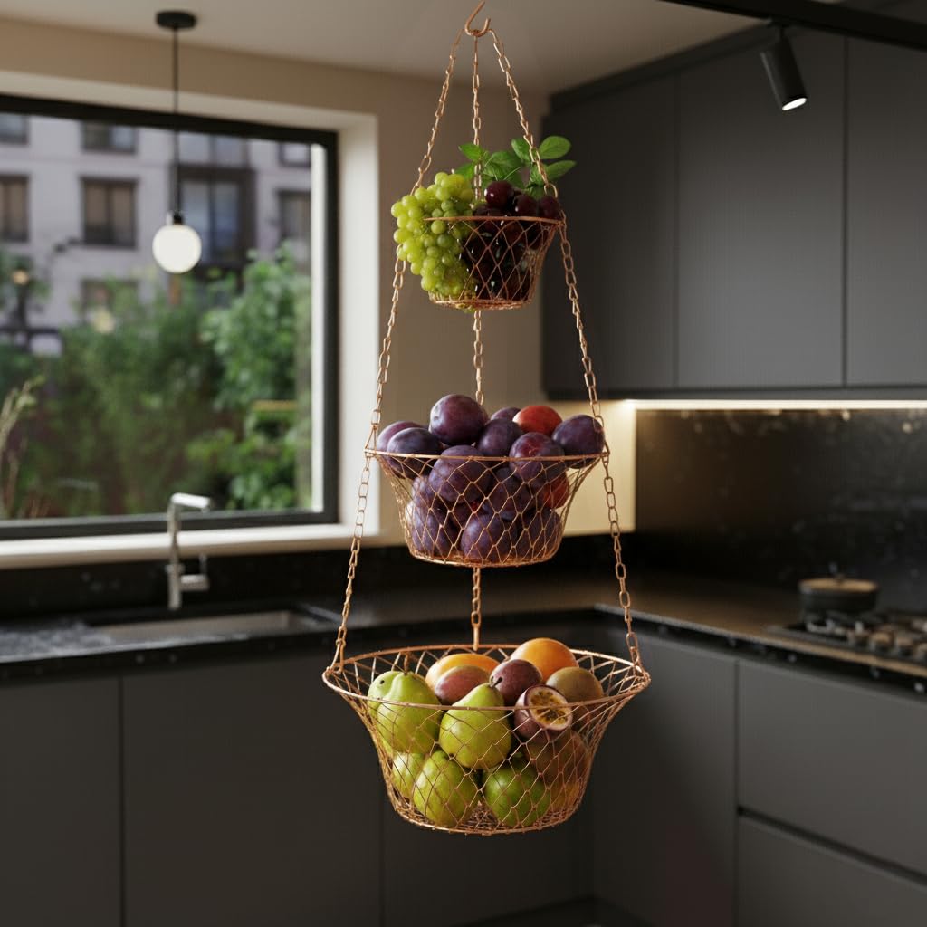 3 Tier Heavy Duty Wire Fruit and Vegetable Basket with Hooks N1179
