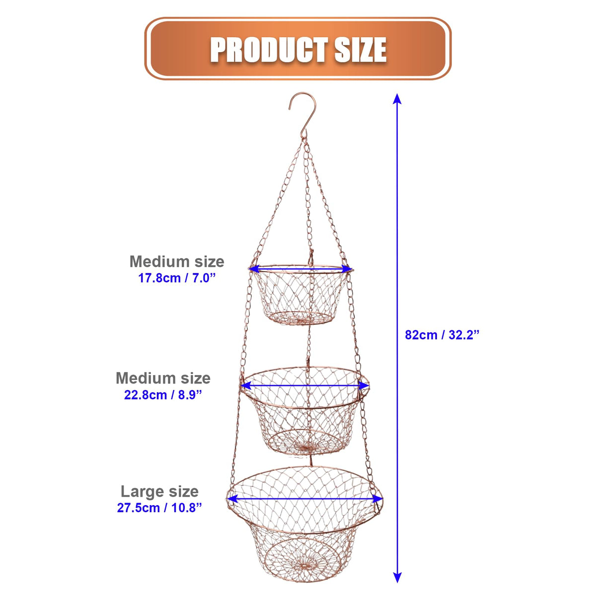 3 Tier Heavy Duty Wire Fruit and Vegetable Basket with Hooks N1179