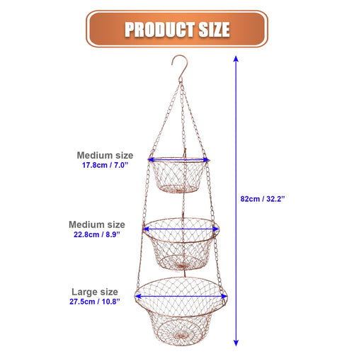 3 Tier Heavy Duty Wire Fruit and Vegetable Basket with Hooks N1179