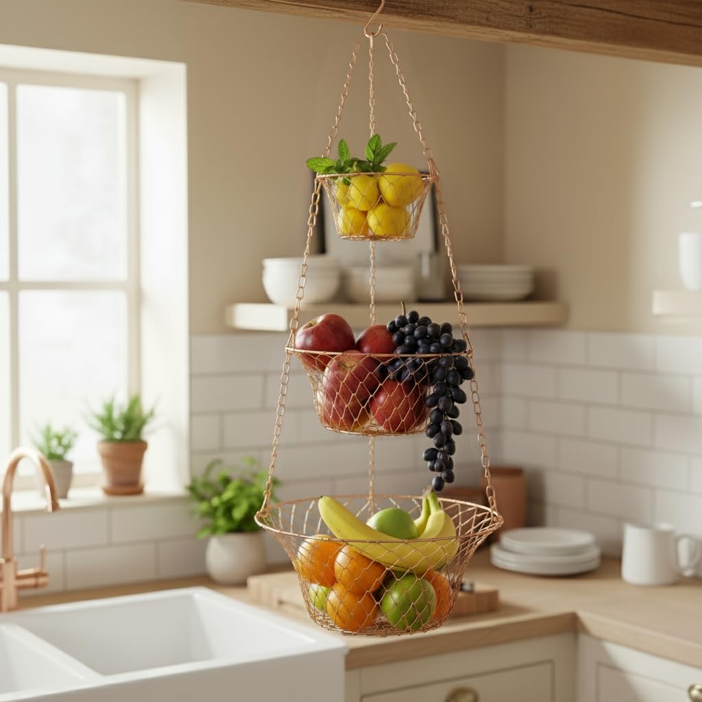 3 Tier Heavy Duty Wire Fruit and Vegetable Basket with Hooks N1179