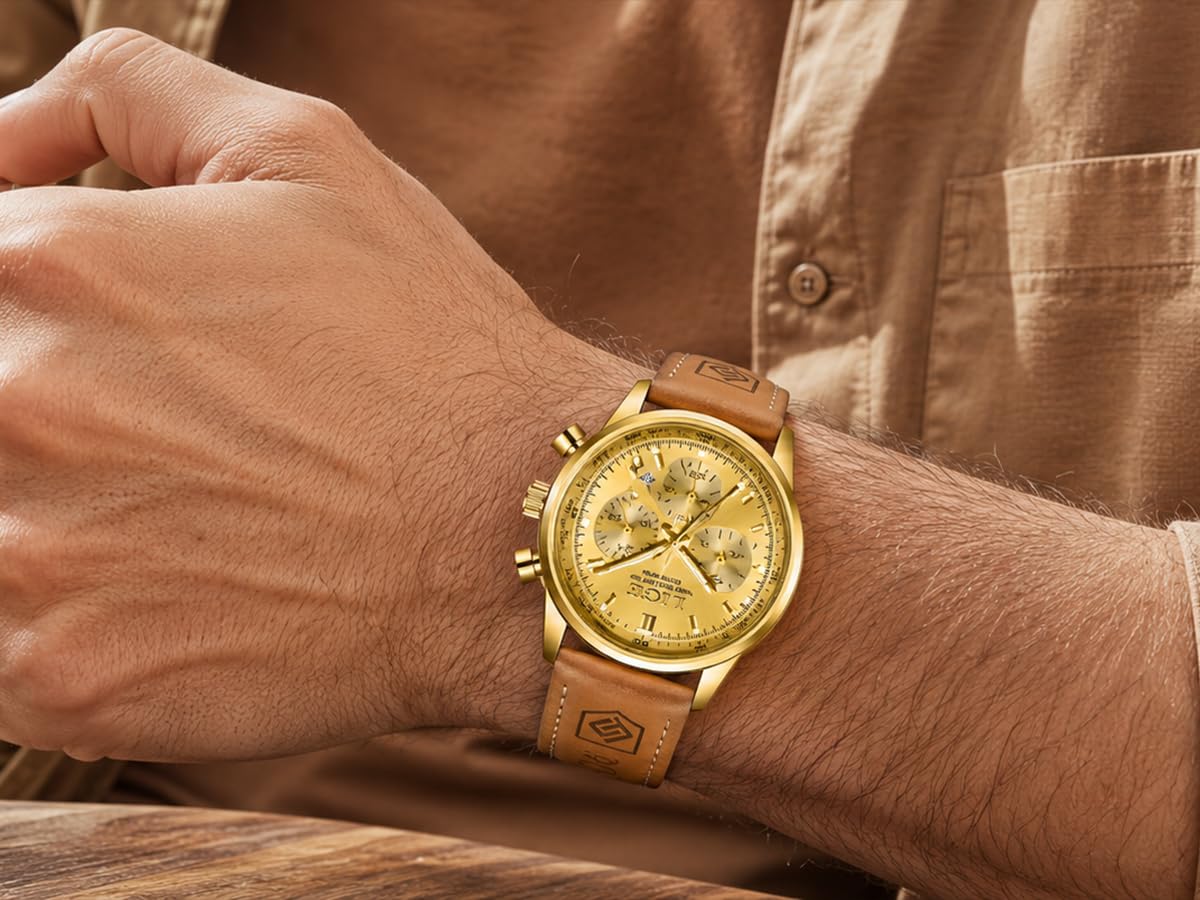 Gold-Tone Quartz Chronograph Watch Brown Leather Strap F5662