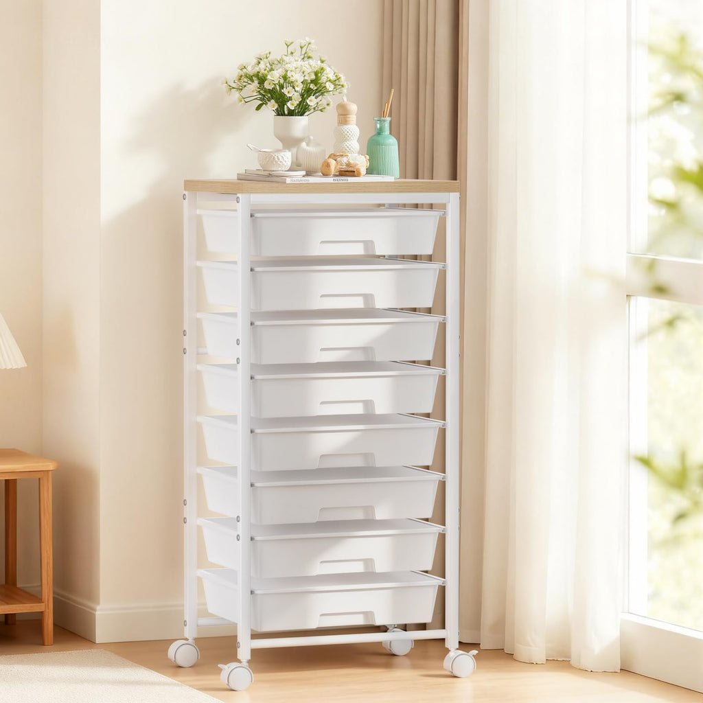 White 8 Drawer Rolling Storage Cart with Wooden Tabletop J977013