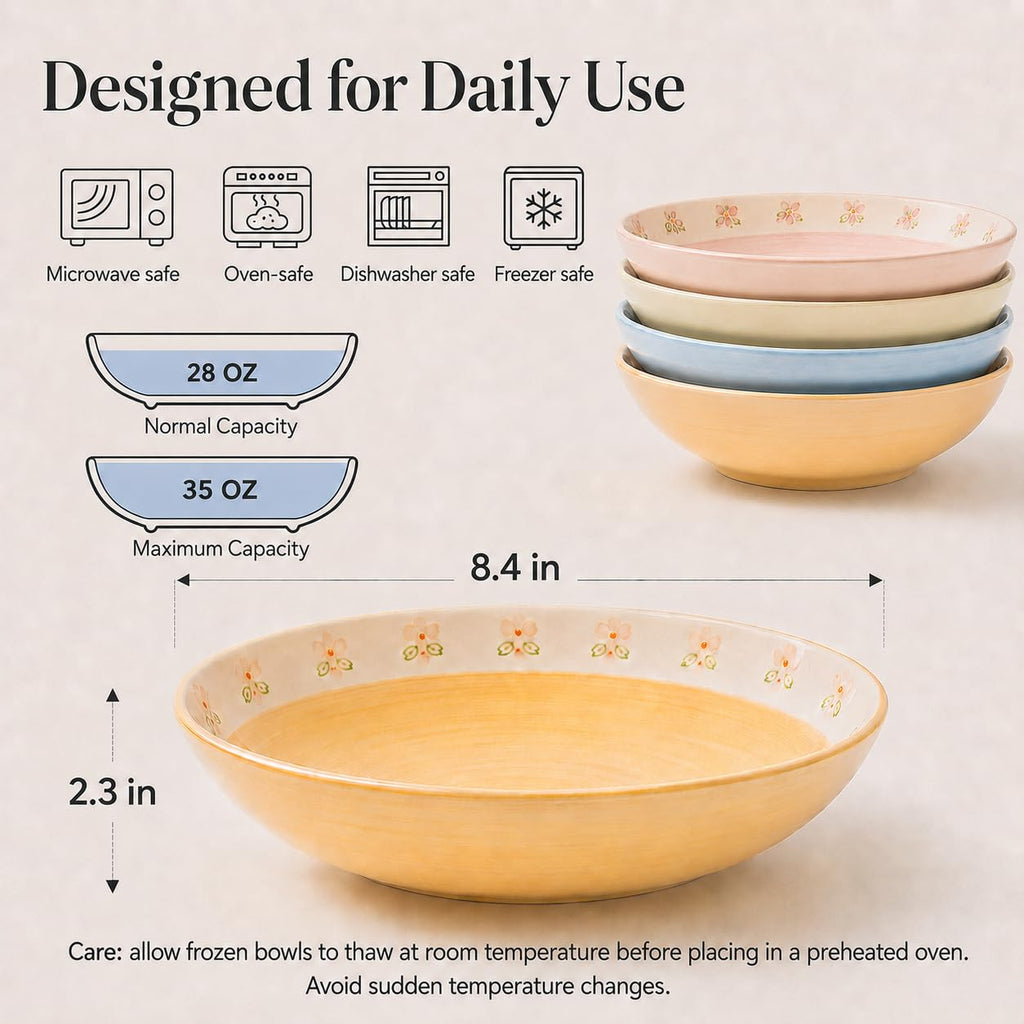 Hand-Painted Floral Ceramic Pasta Bowls Set of 4 M386