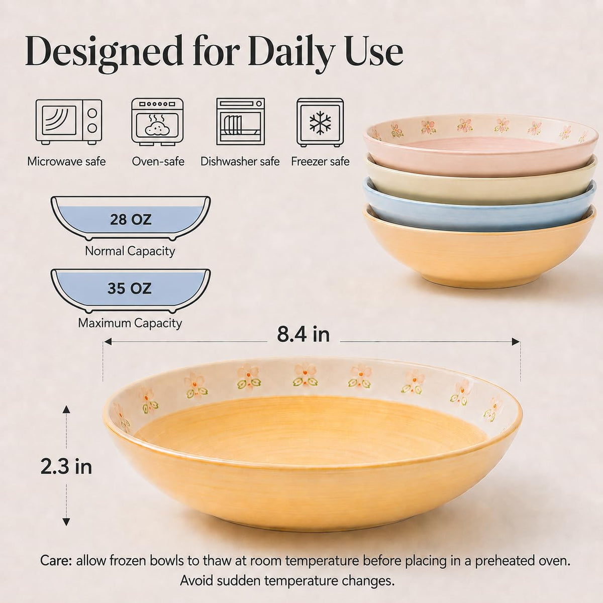 Hand-Painted Floral Ceramic Pasta Bowls Set of 4 M386