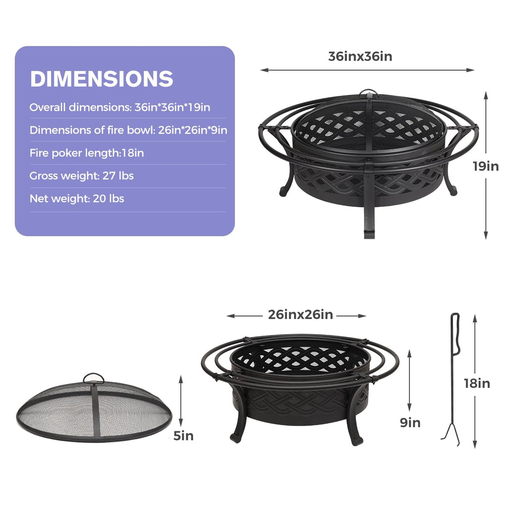 36 Inch Outdoor Fire Pit with Spark Screen Black A7050