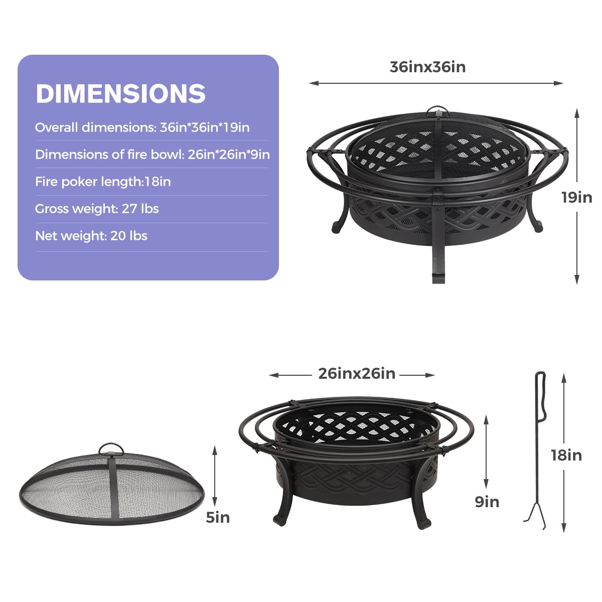36 Inch Outdoor Fire Pit with Spark Screen Black A7050