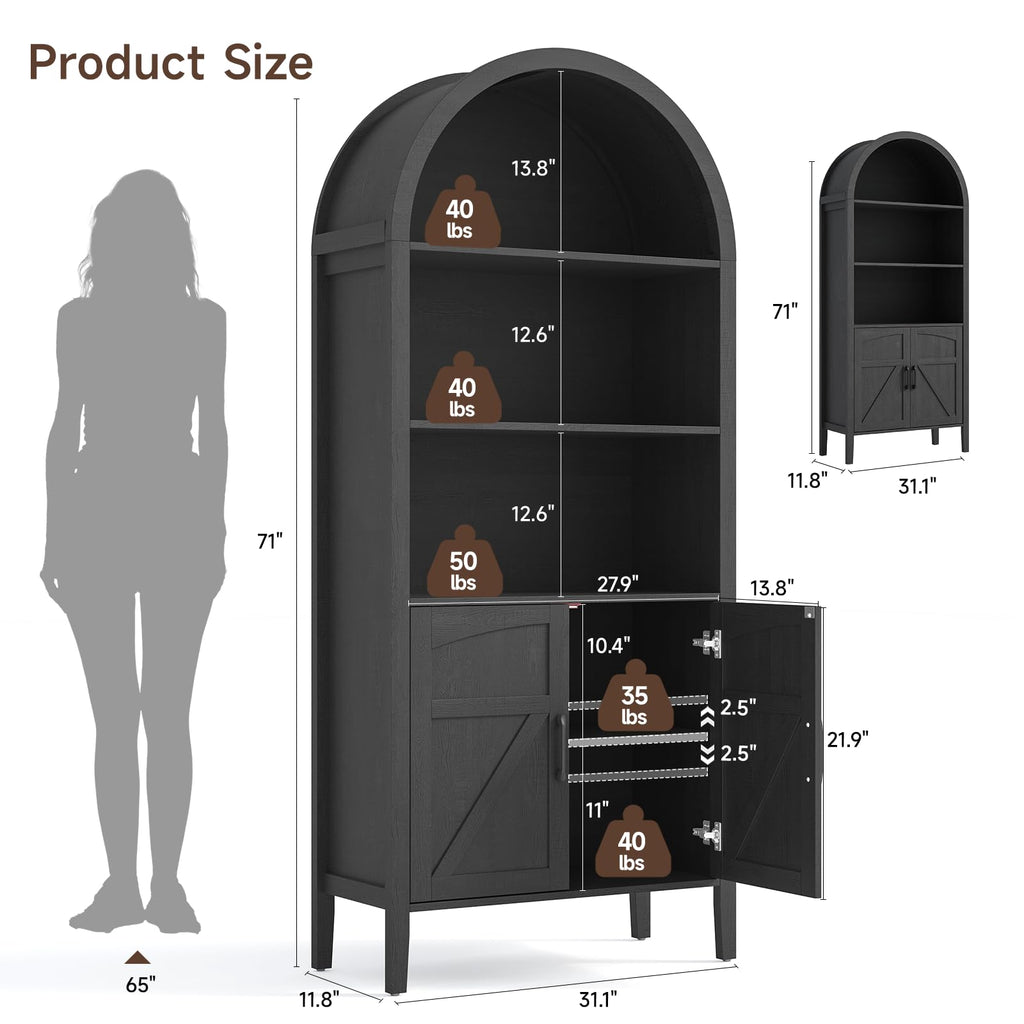 Black 5-Tier Arched Bookshelf with Door P948243