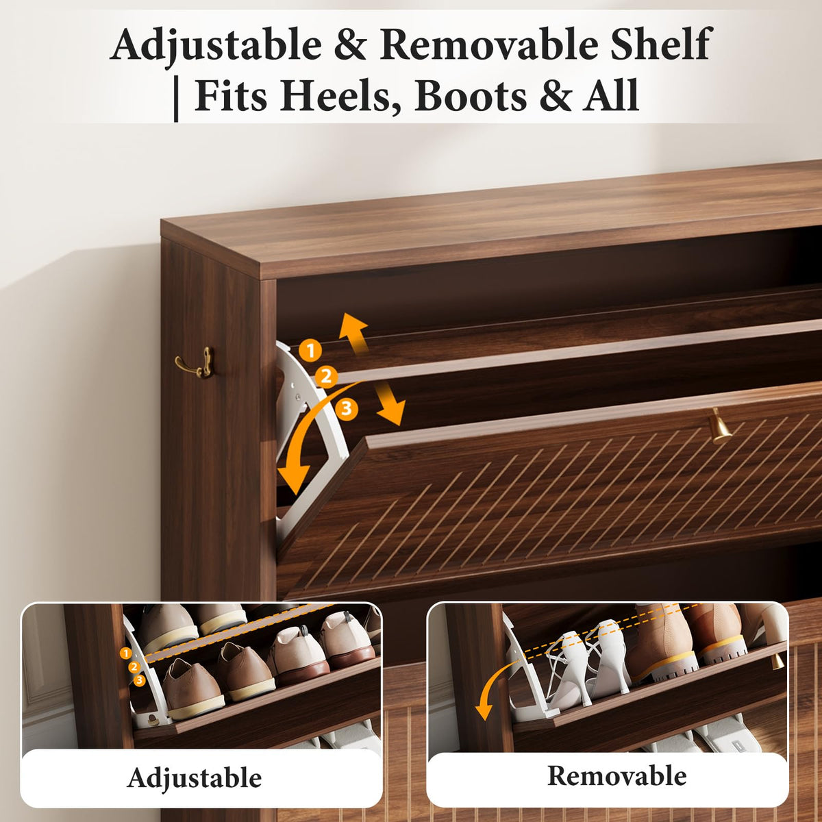 Luminous Walnut Shoe Storage Cabinet with Adjustable Shelves R56777