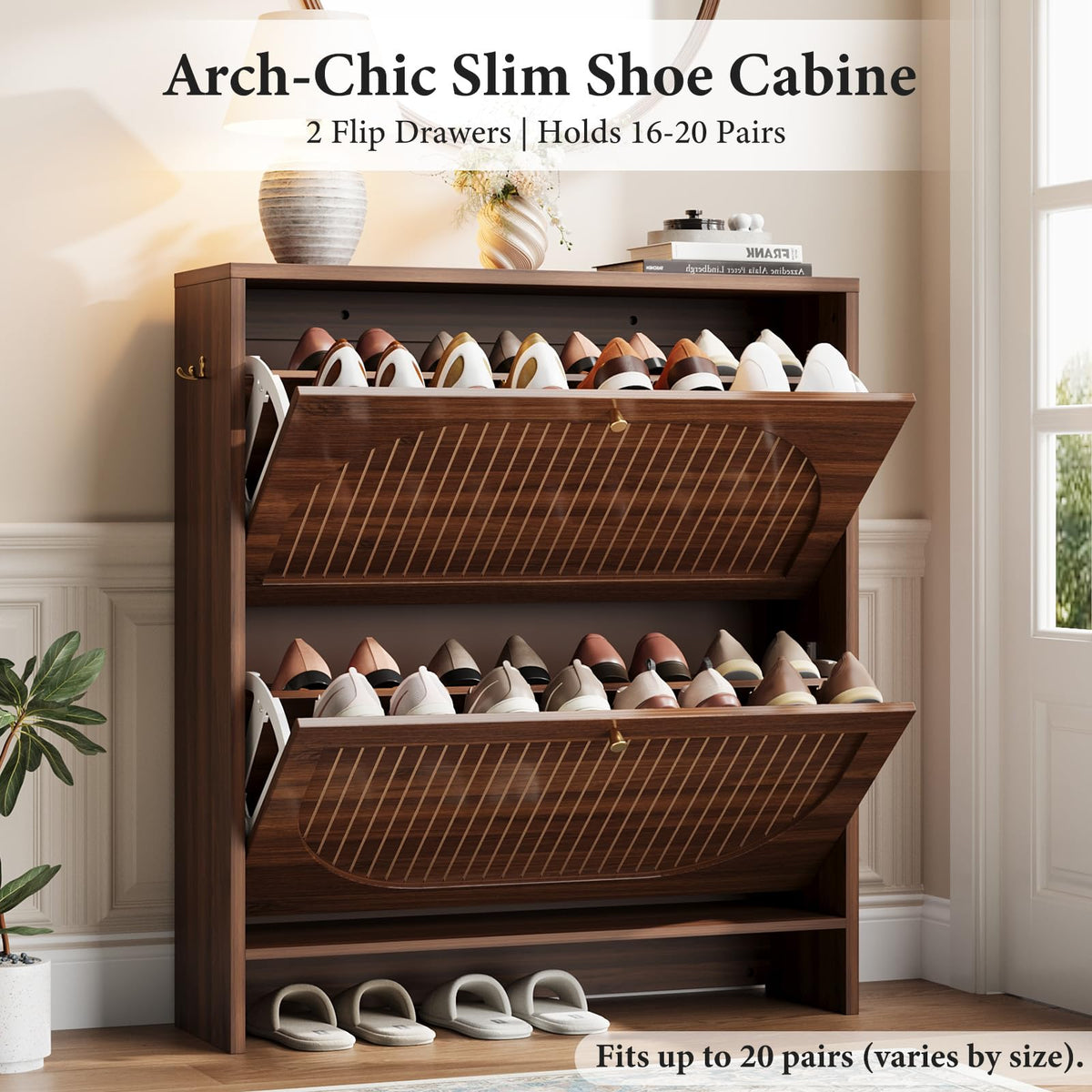 Luminous Walnut Shoe Storage Cabinet with Adjustable Shelves R56777