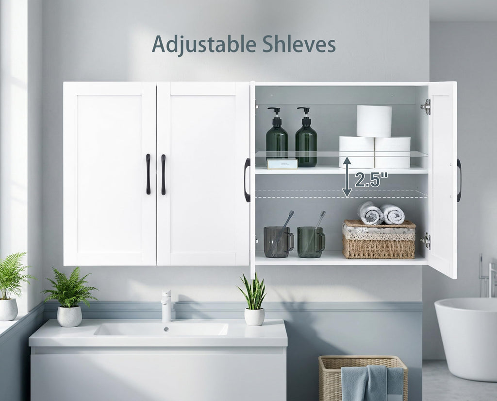 White Wall Cabinet with Adjustable Shelves and 4 Doors Y922
