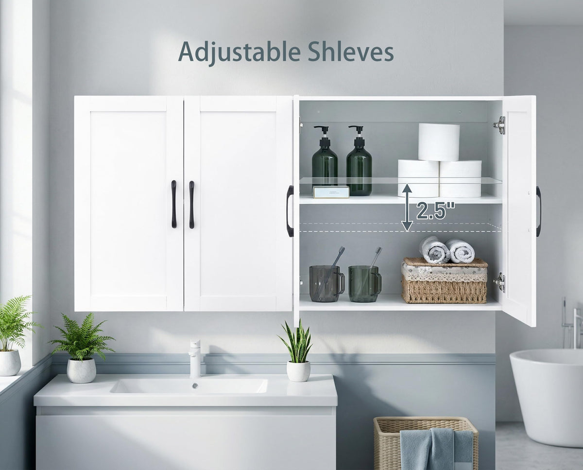 White Wall Cabinet with Adjustable Shelves and 4 Doors Y922