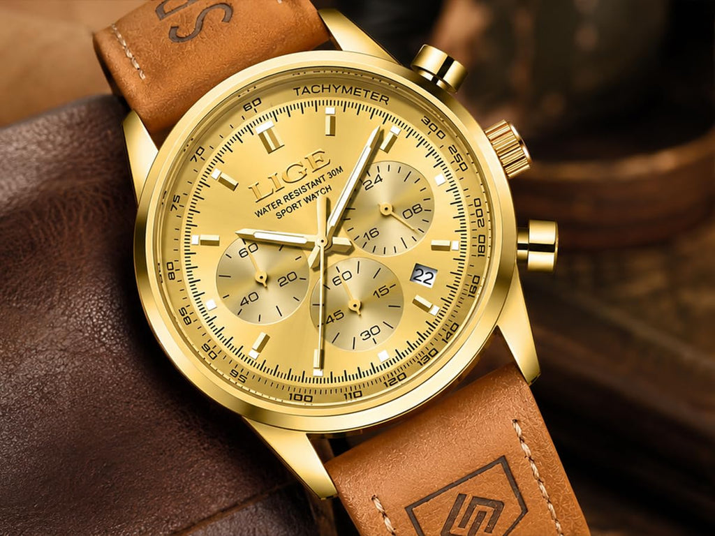 Gold-Tone Quartz Chronograph Watch Brown Leather Strap F5662