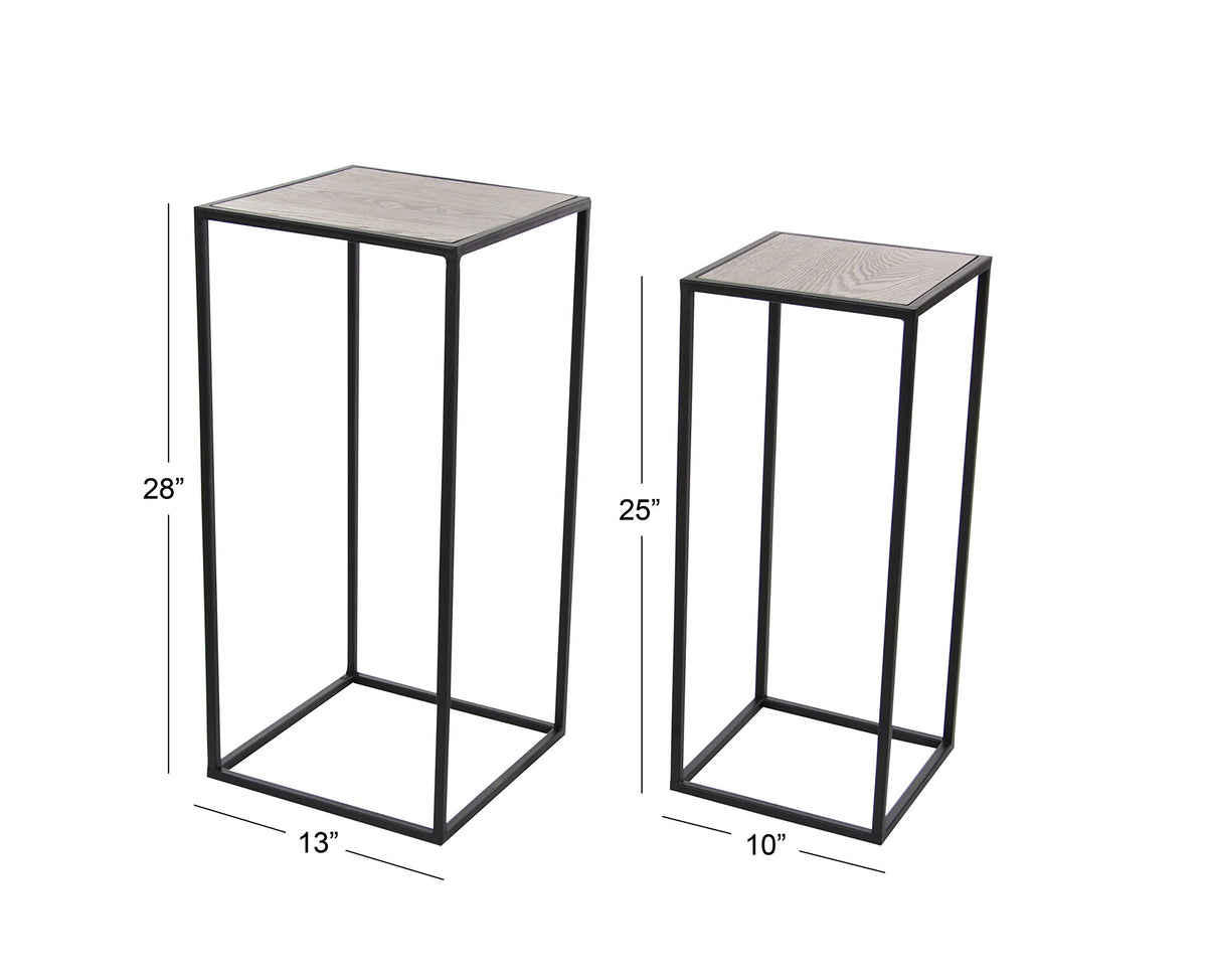 Black Metal End Table with Brown Wood Tops, Set of 2 W651819