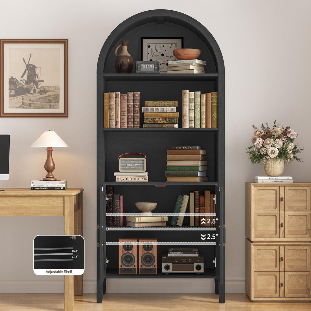 Black 5-Tier Arched Bookshelf with Door P948243
