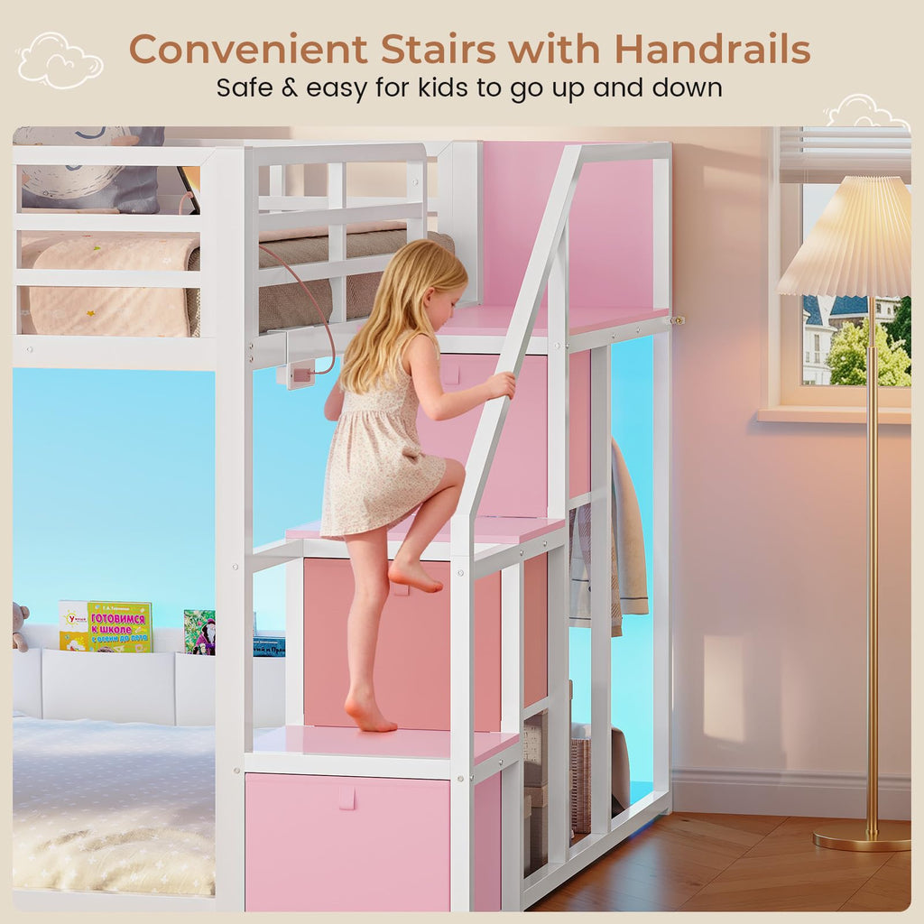 Full Over Full Bunk Bed with Storage Stairs and Drawers, White & Pink R4996