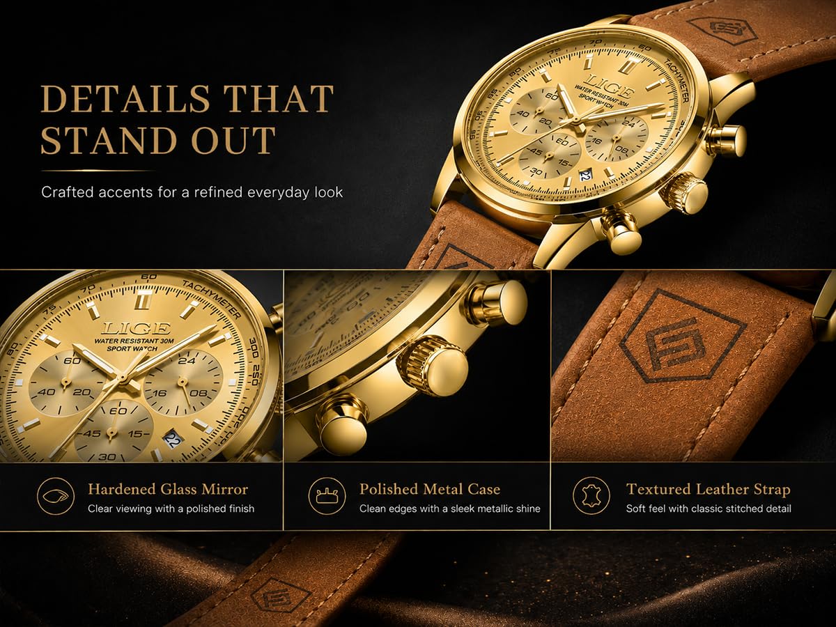 Gold-Tone Quartz Chronograph Watch Brown Leather Strap F5662