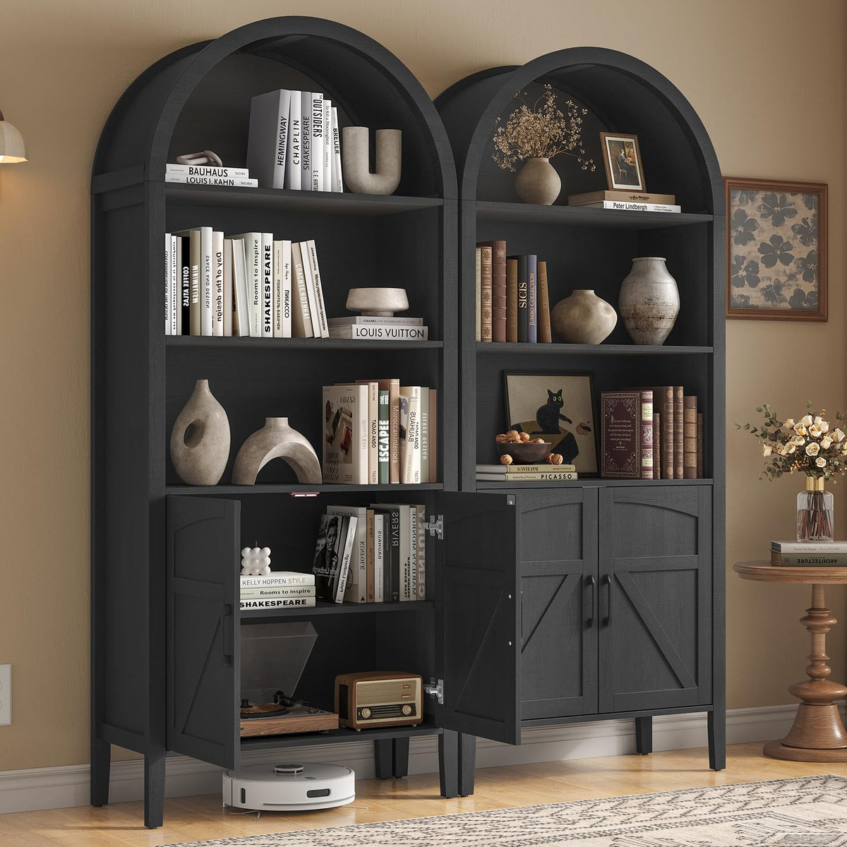 Black 5-Tier Arched Bookshelf with Door P948243