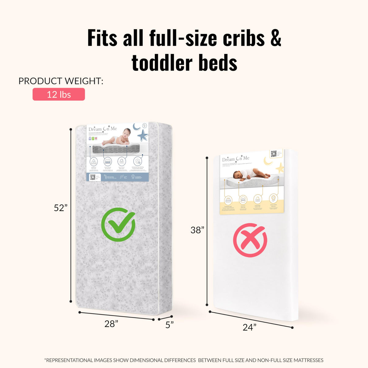 Baby Crib Mattress, Reversible, Waterproof Cover, 52" x 28" x 5" O194