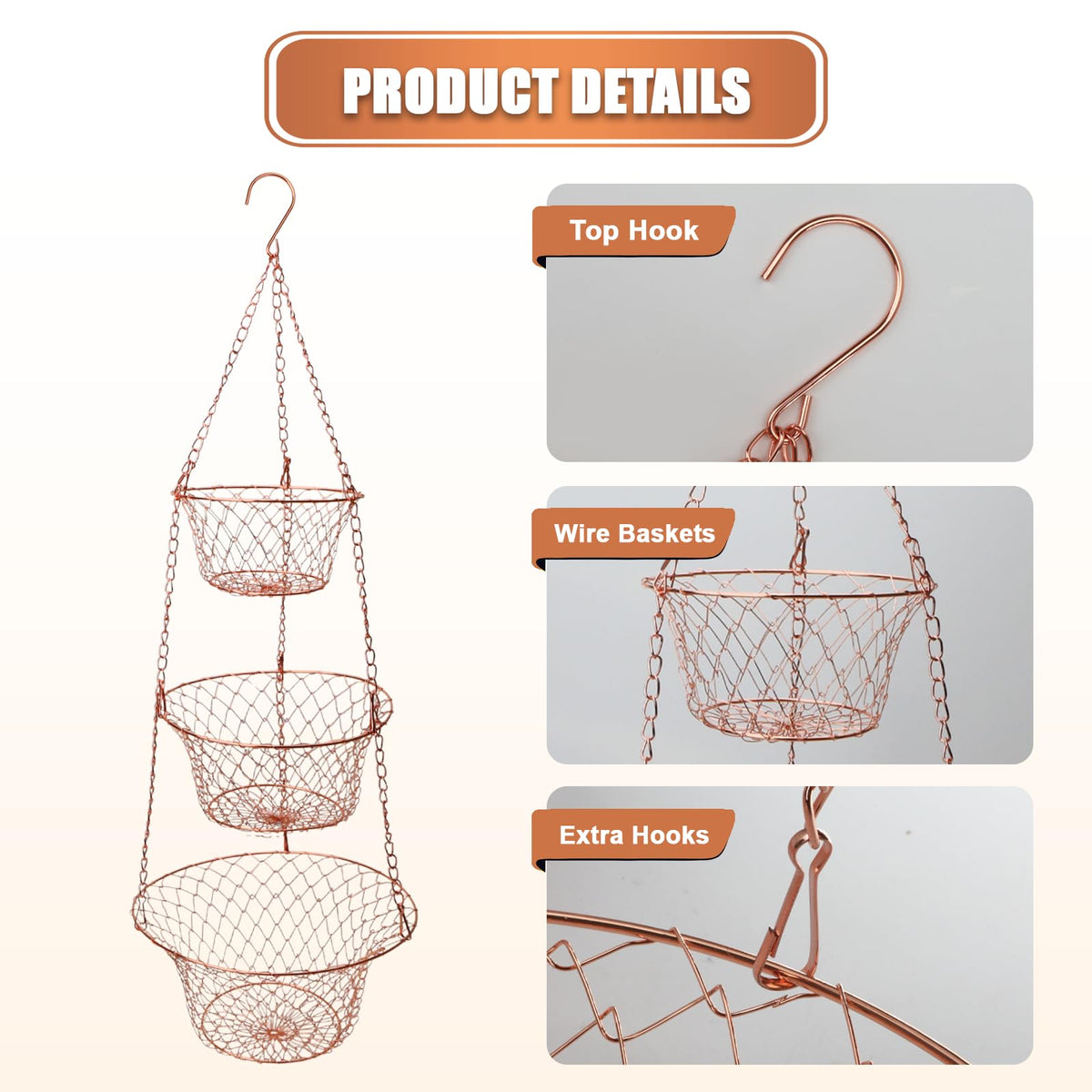 3 Tier Heavy Duty Wire Fruit and Vegetable Basket with Hooks N1179