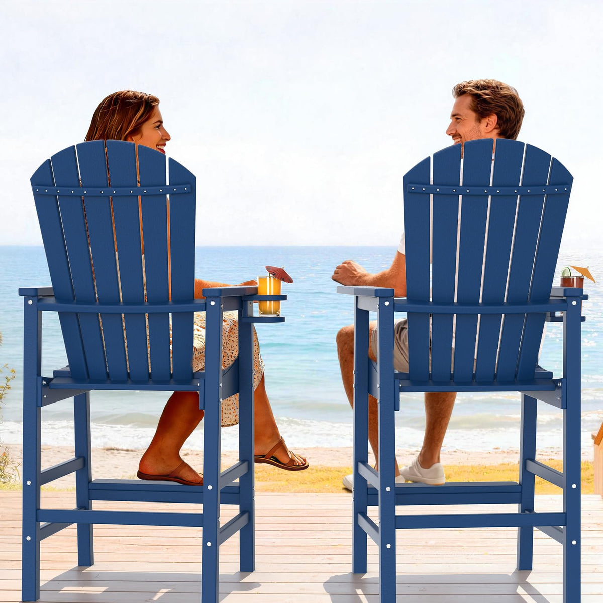 Tall Adirondack Chairs Set of 2, All-Weather Plastic with Cup Holders, Navy Blue H396