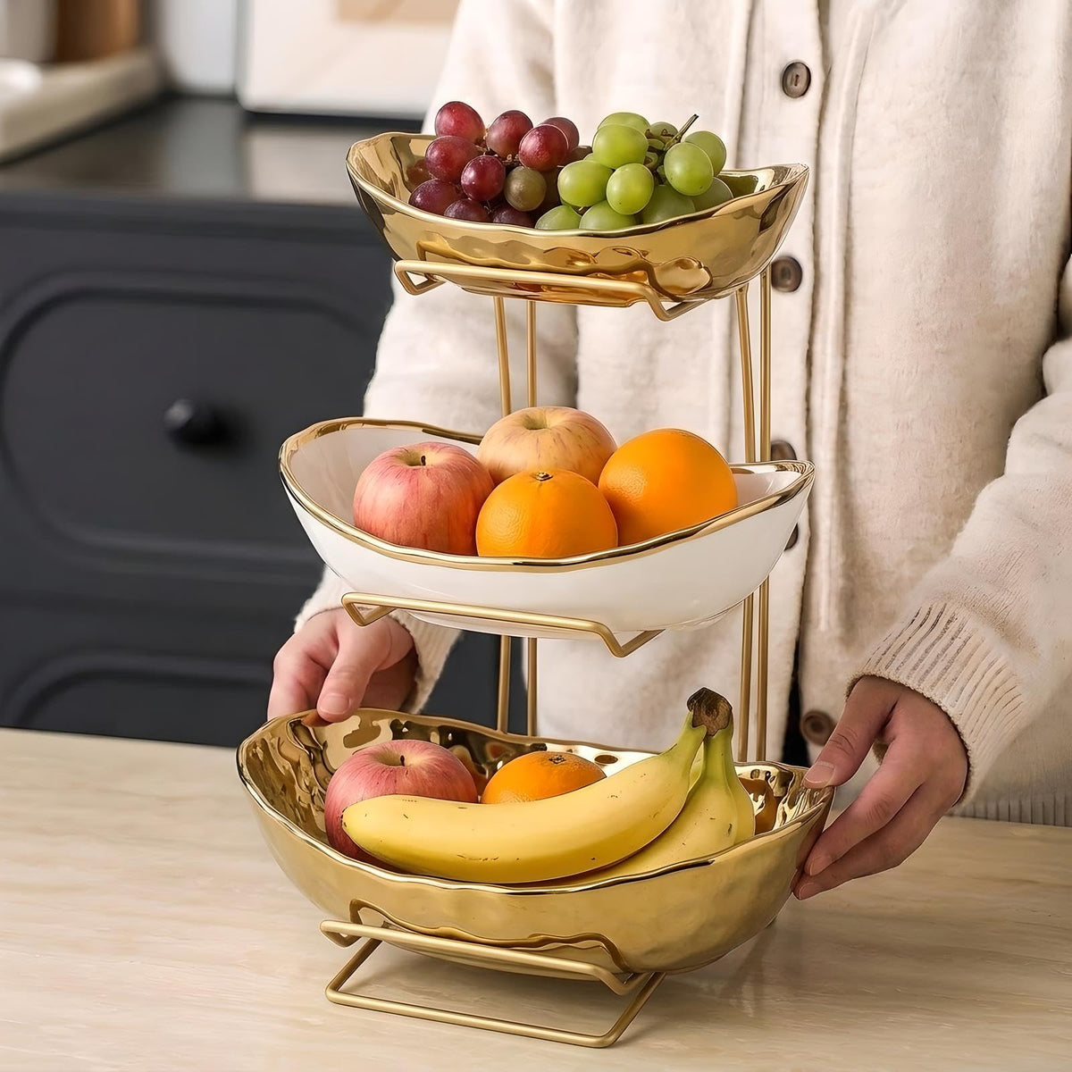 3-Tier Gold Fruit Bowl & Tray with Metal Stand Q8197