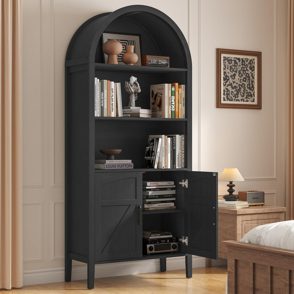 Black 5-Tier Arched Bookshelf with Door P948243