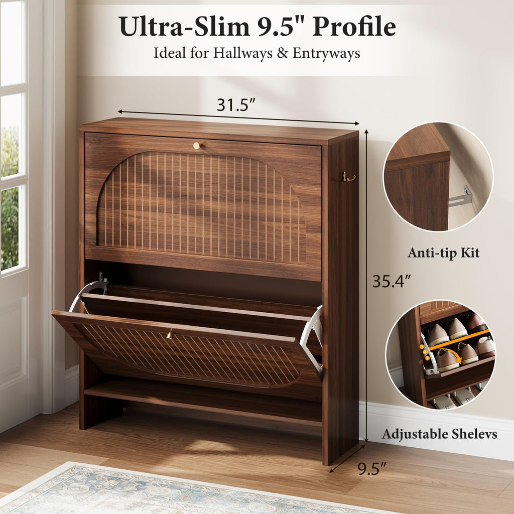 Luminous Walnut Shoe Storage Cabinet with Adjustable Shelves R56777