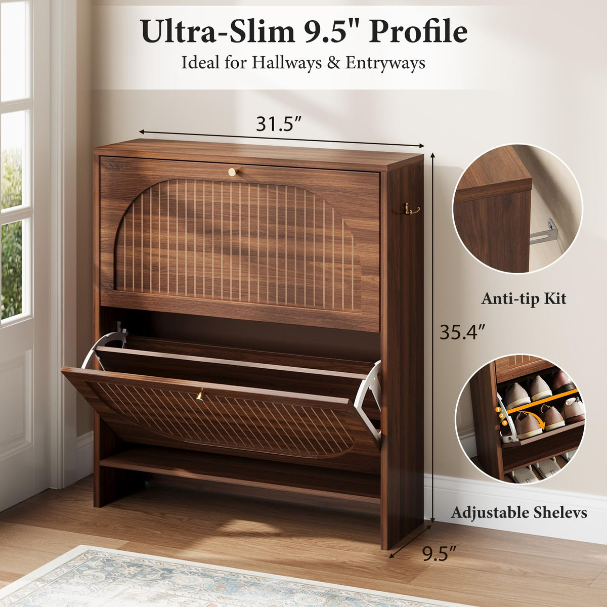 Luminous Walnut Shoe Storage Cabinet with Adjustable Shelves R56777