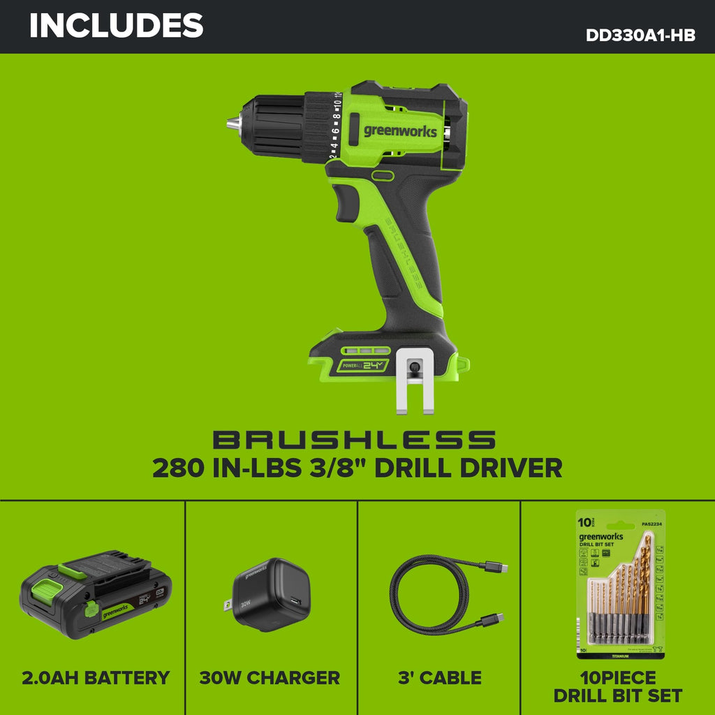24V Cordless Brushless 3/8" Drill/Driver with 2.0Ah Battery and 10PC Titanium Drill Bit Set S846175