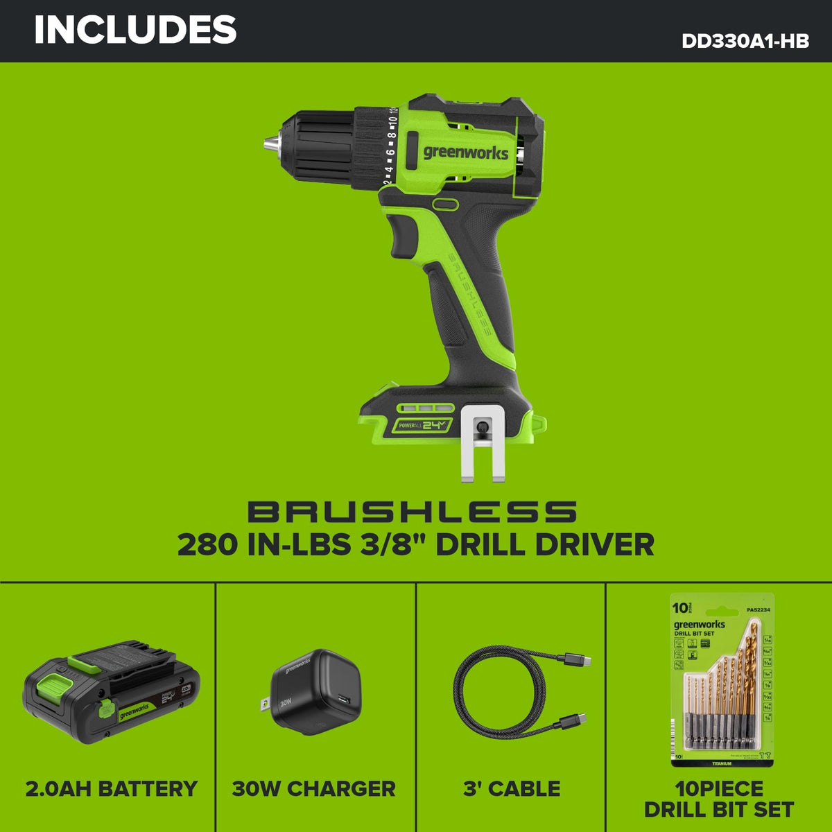 24V Cordless Brushless 3/8" Drill/Driver with 2.0Ah Battery and 10PC Titanium Drill Bit Set S846175