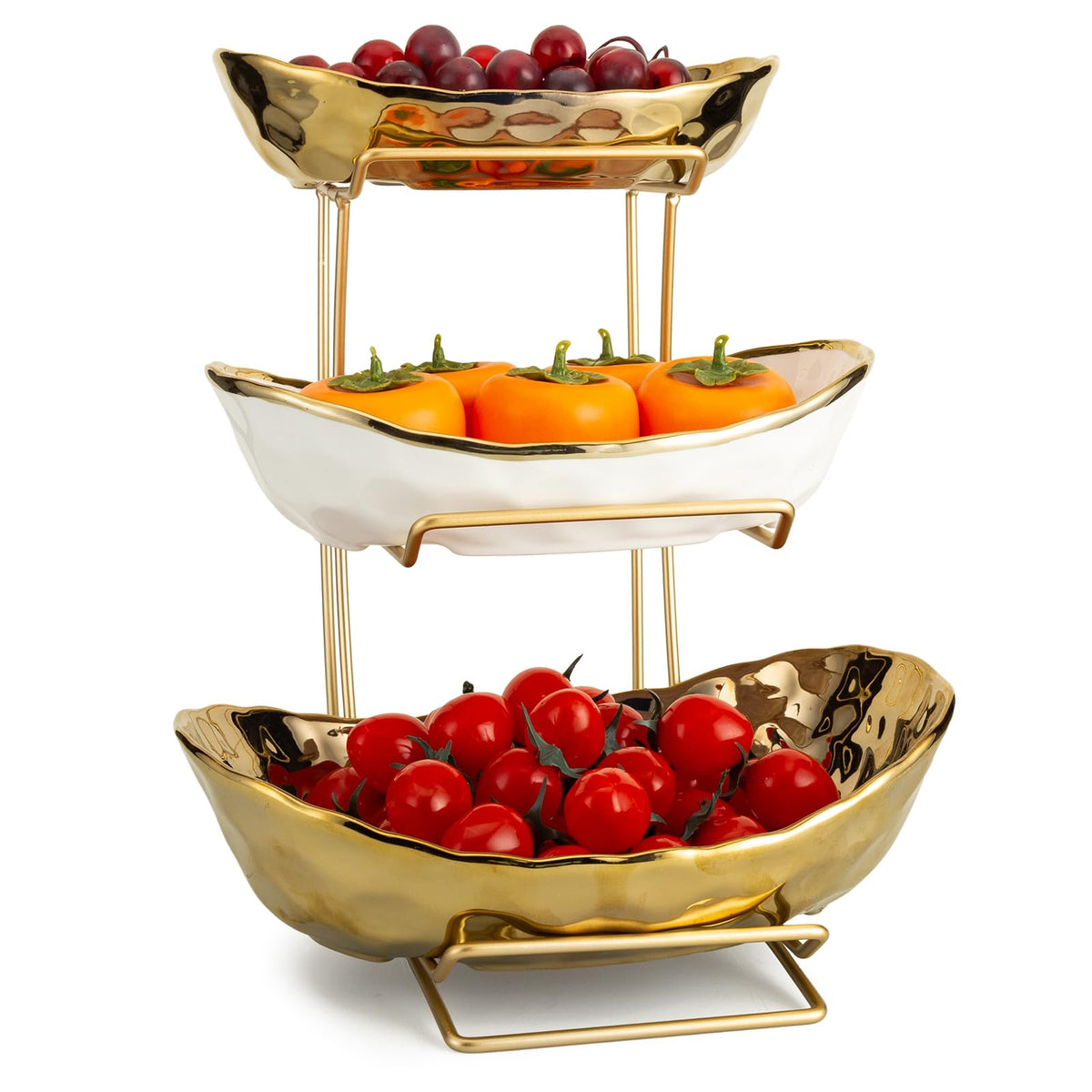 3-Tier Gold Fruit Bowl & Tray with Metal Stand Q8197