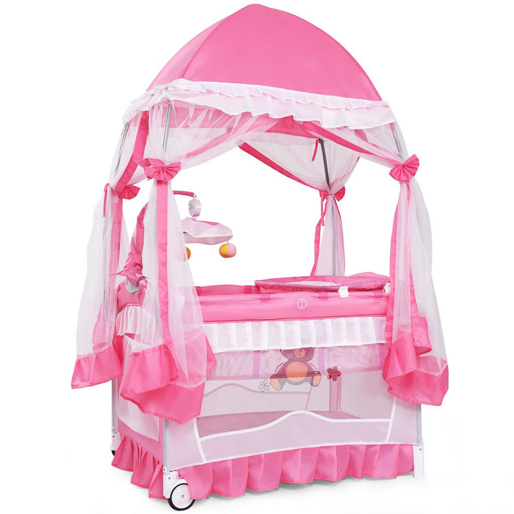4 in 1 Pack and Play with Canopy, Portable Playard with Bassinet H2114