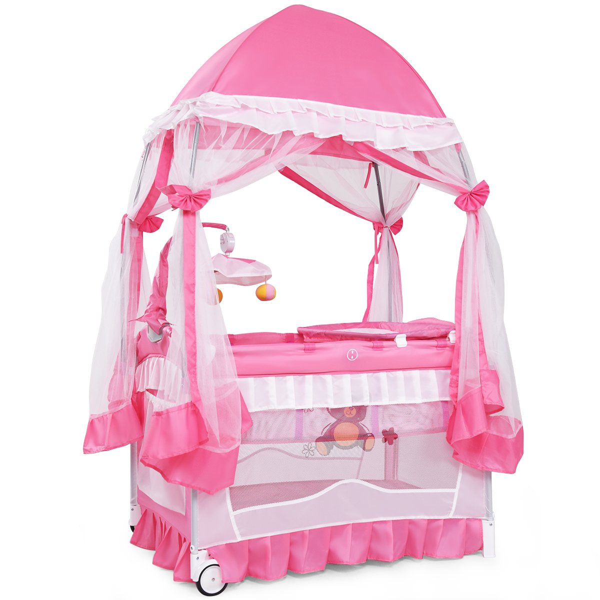 4 in 1 Pack and Play with Canopy, Portable Playard with Bassinet H2114